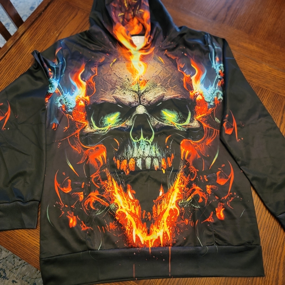 Black Flame Skull Graphic Hoodie - Men’s Sweatshirt